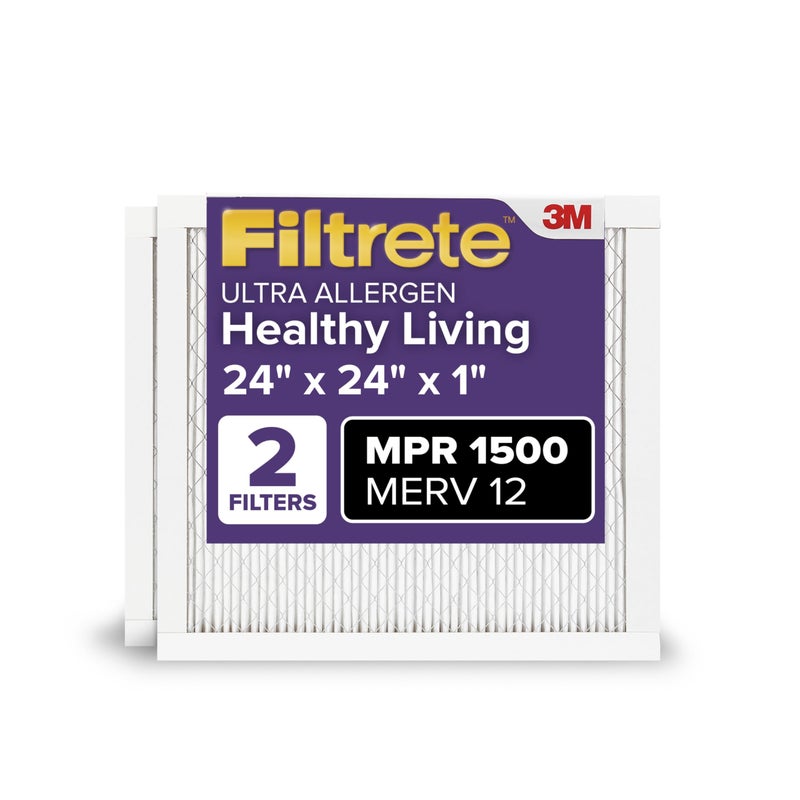 Filtrete 24x24x1 AC Furnace Air Filter, MERV 12, MPR 1500, CERTIFIED asthma & allergy friendly, 3 Month Pleated 1-Inch Electrostatic Air Cleaning Filter, 2-Pack (Actual Size 23.81x23.81x0.78 in) - Image 1